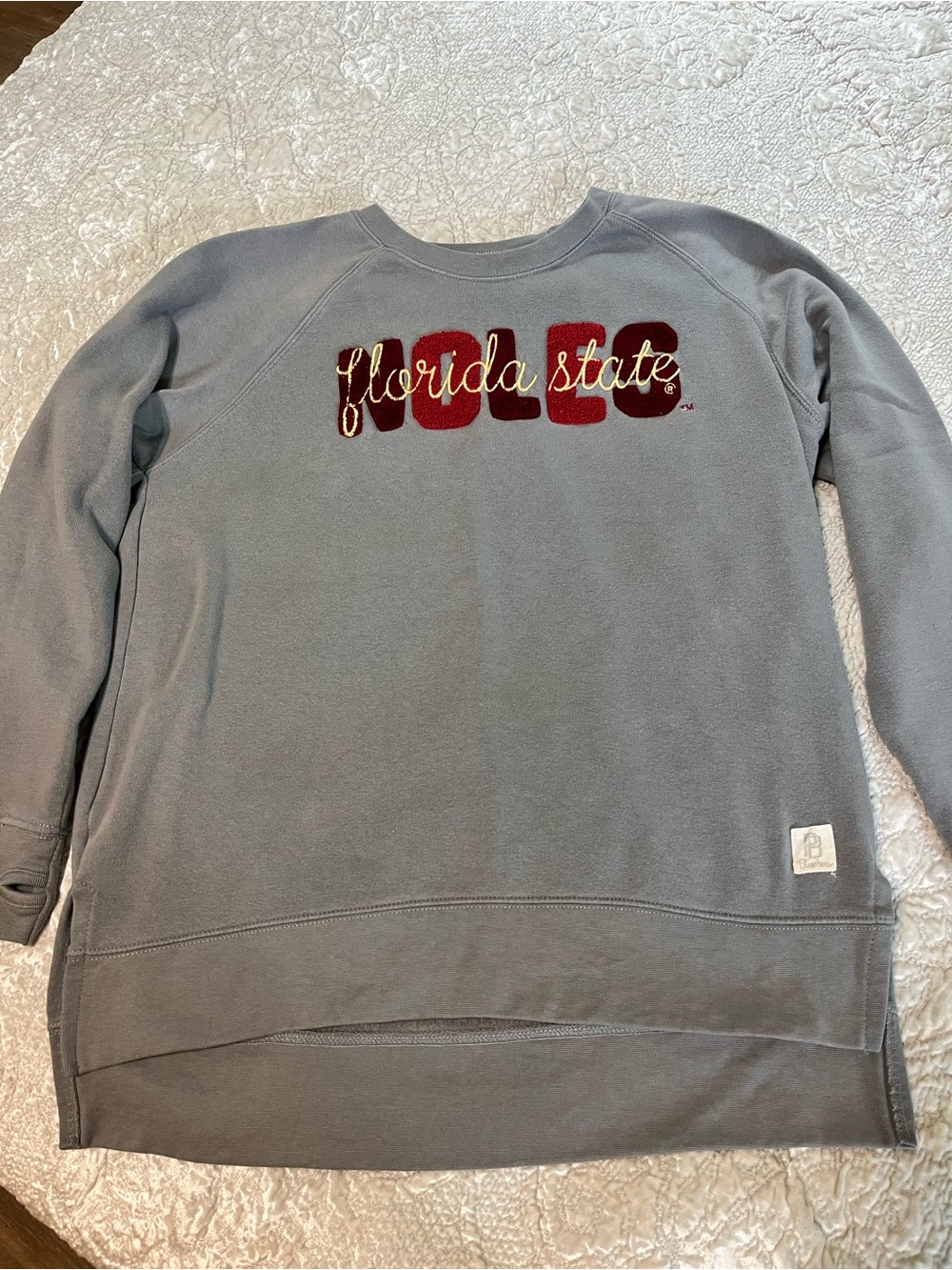 Pressbox Gray Crewneck with Garnet & Gold Florida State Applique. XL